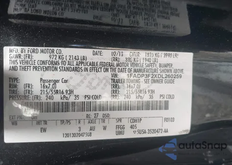 2013 Ford Focus Se from USA, damaged, VIN 1FADP3F2XDL260259